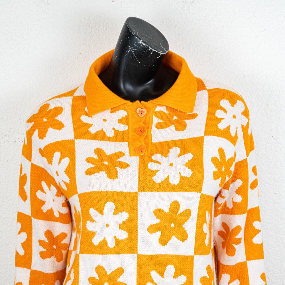 Lisa Says Gah x KJP Paisley Polo Sweater knit orange white sz M/L - Picture 11 of 12